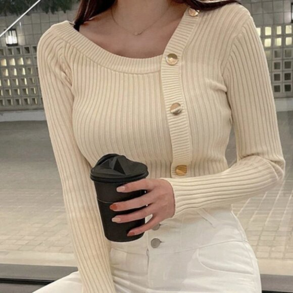 rib knit asymmetrical button detail sweater - Picture 2 of 8